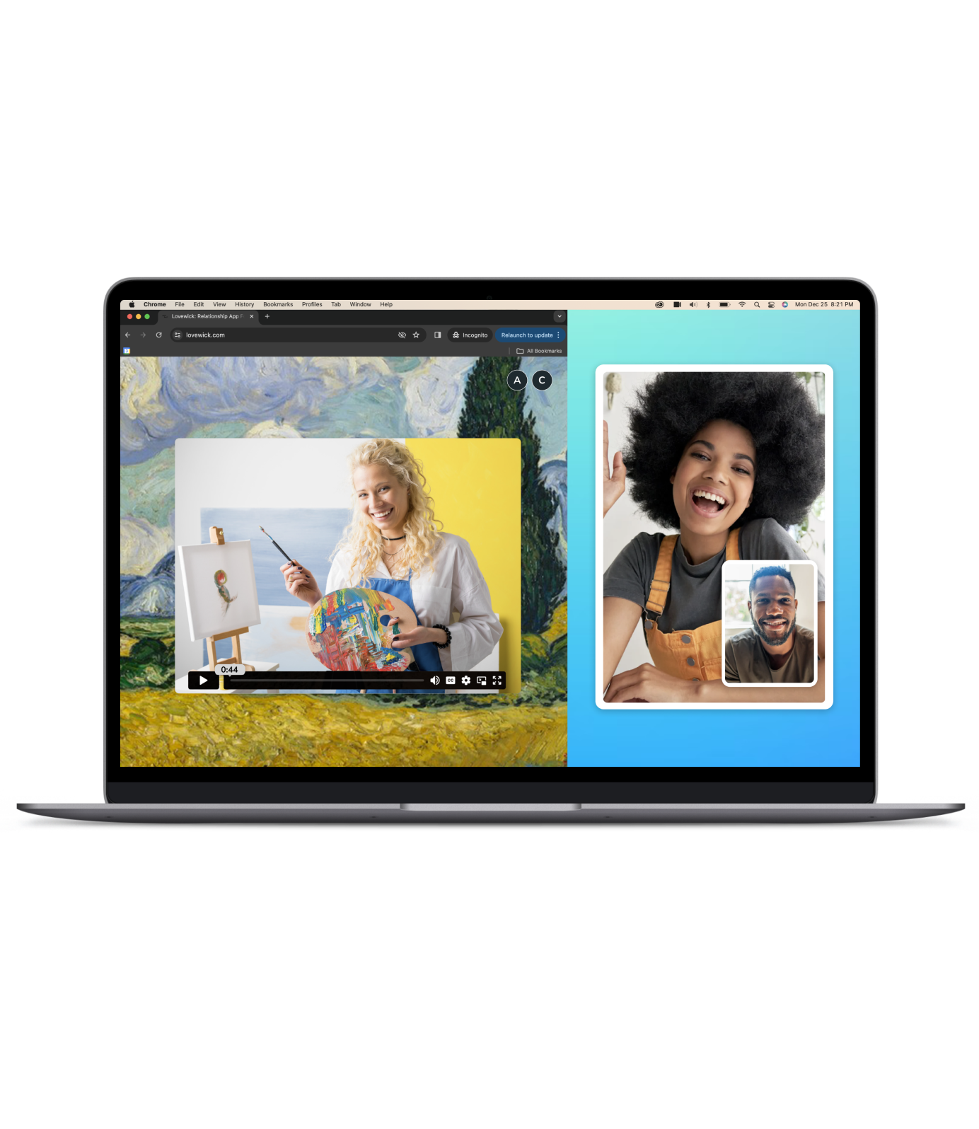 Lovewick brings long distance date ideas to life through private video call rooms with on-demand media player on one side and video chat screens for both partners on the other