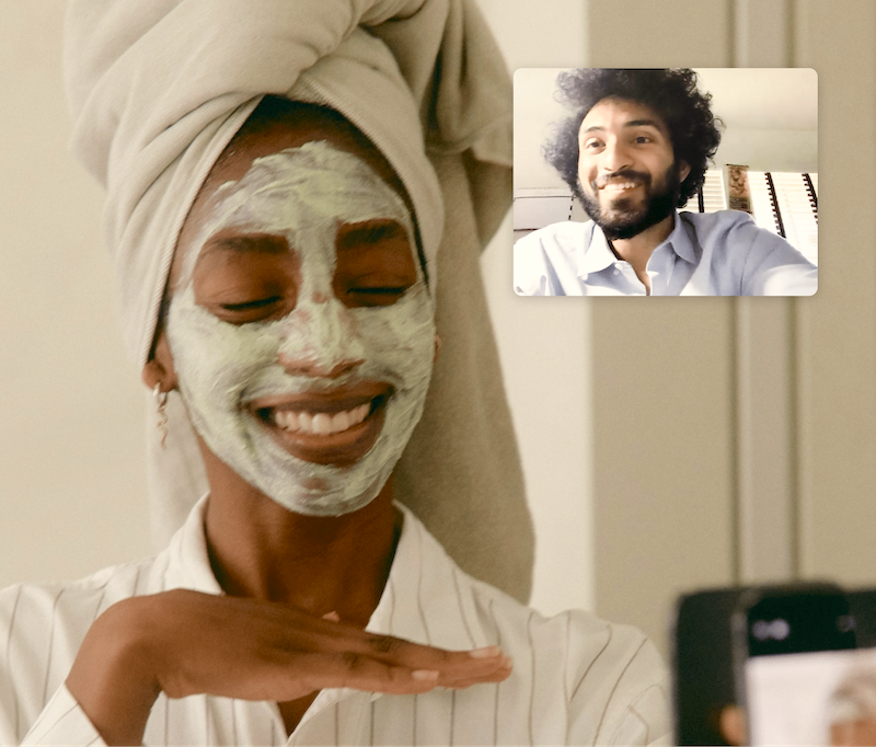 Couple in a long distance relationship sharing a home spa night date