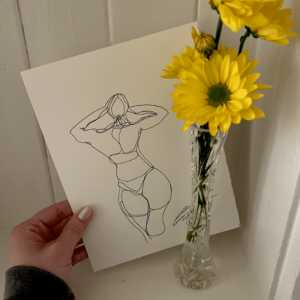 One line figure drawing of a woman done on a virtual date