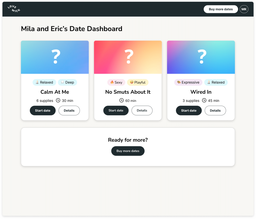 Long distance date dashboard with 3 mystery date tiles: Calm at Me, No Smuts About It, and Wired In