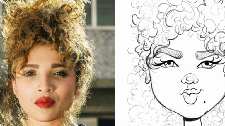 A caricature drawing of a woman with curly hair that's part of a long distance virtual date experience